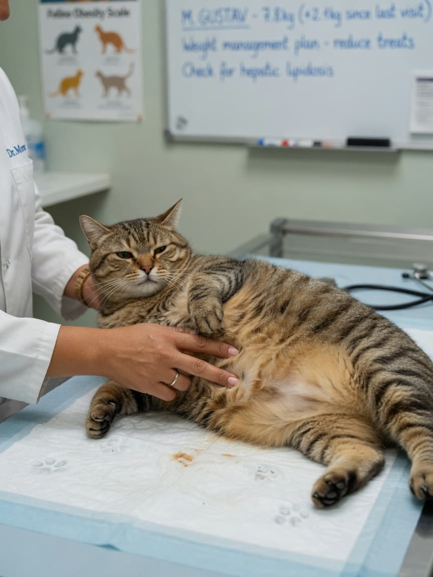 Overweight tabby cat on vet examination table during weight assessment