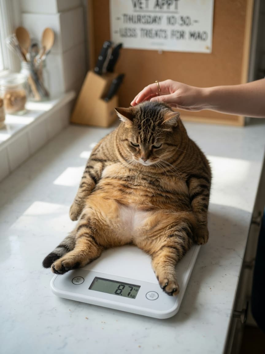 An overweight tabby cat standing on a kitchen scale with an owner's hand visible, illustrating feline obesity assessment