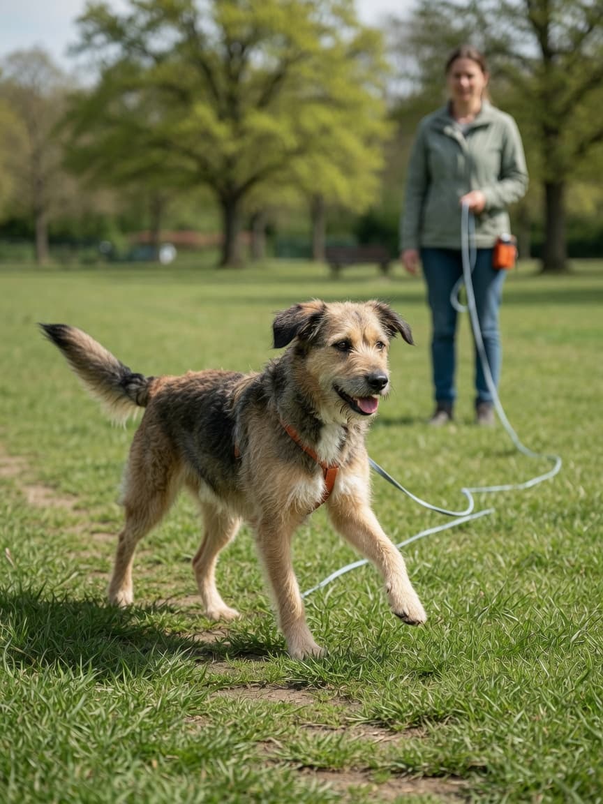 A dog on a long training line exploring a park, demonstrating safe off-lead training progression