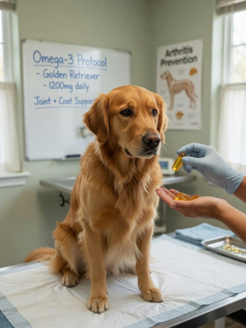 Golden retriever receiving a fish oil supplement from veterinarian's hand on exam table