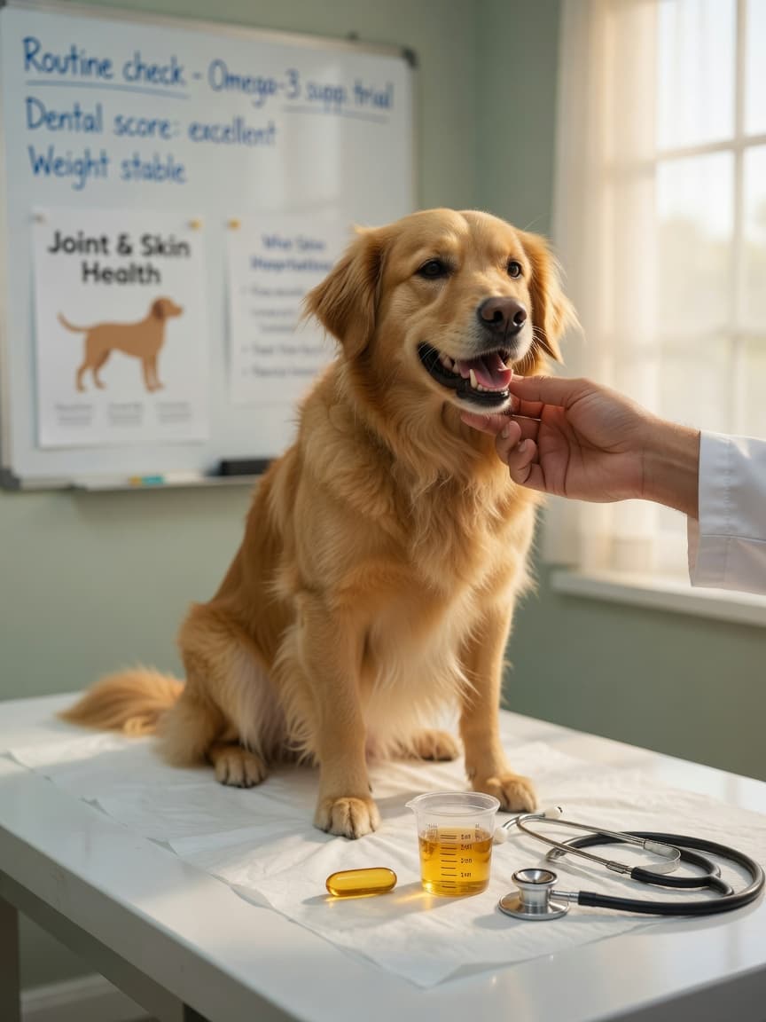 Vet examining a healthy dog's mouth during an omega-3 supplement consultation with fish oil capsules visible on the examination table