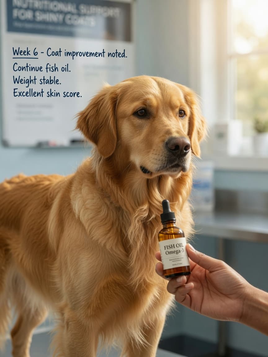 Golden retriever with gleaming coat in sunlight while veterinarian holds fish oil supplement bottle