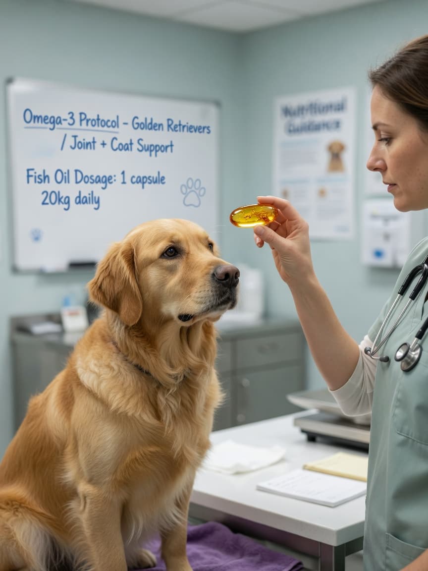 Veterinarian holding up an amber omega-3 fish oil capsule while examining a golden retriever at a clinic table