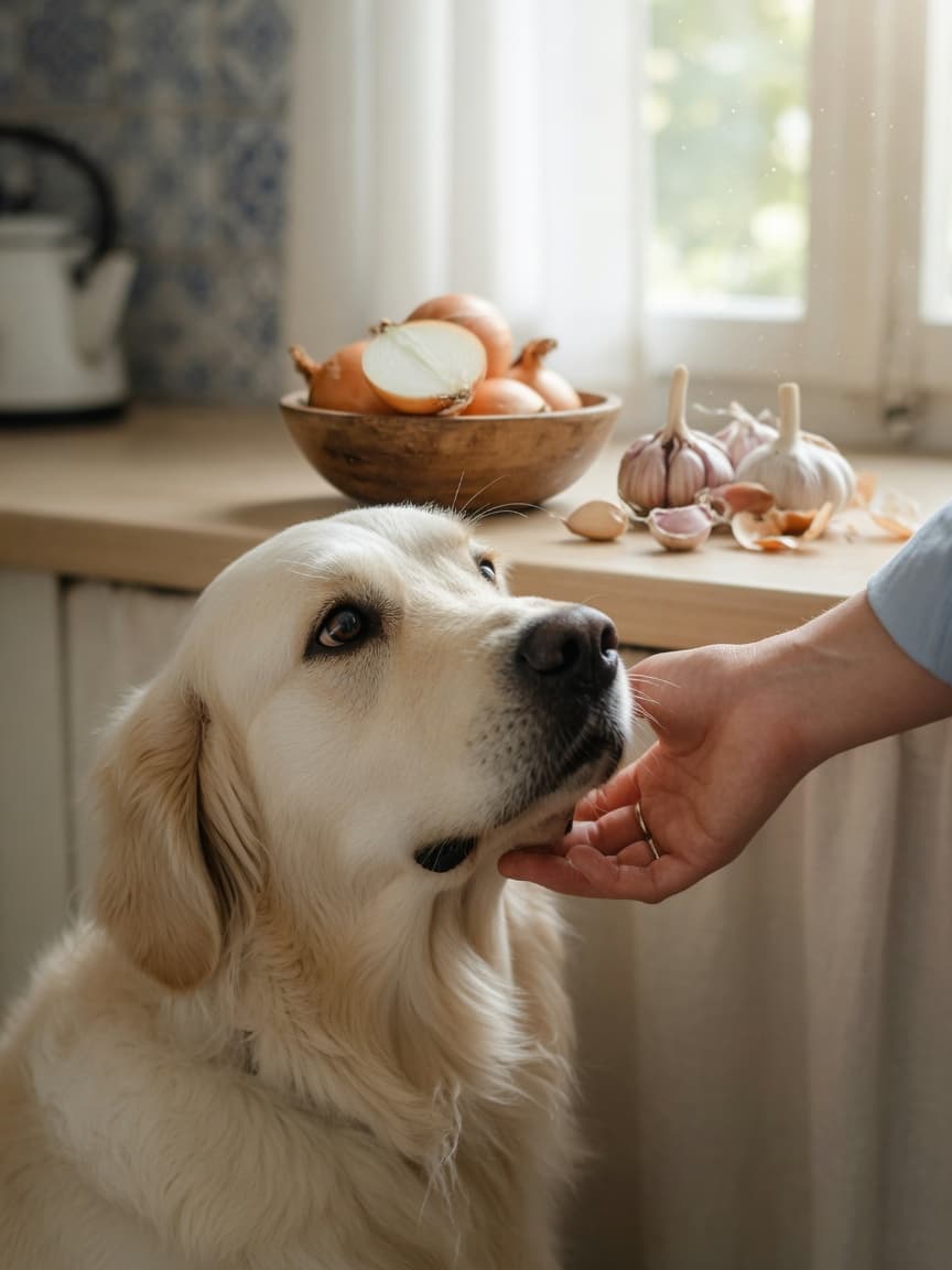 Golden retriever being gently redirected from onions and garlic on a kitchen counter