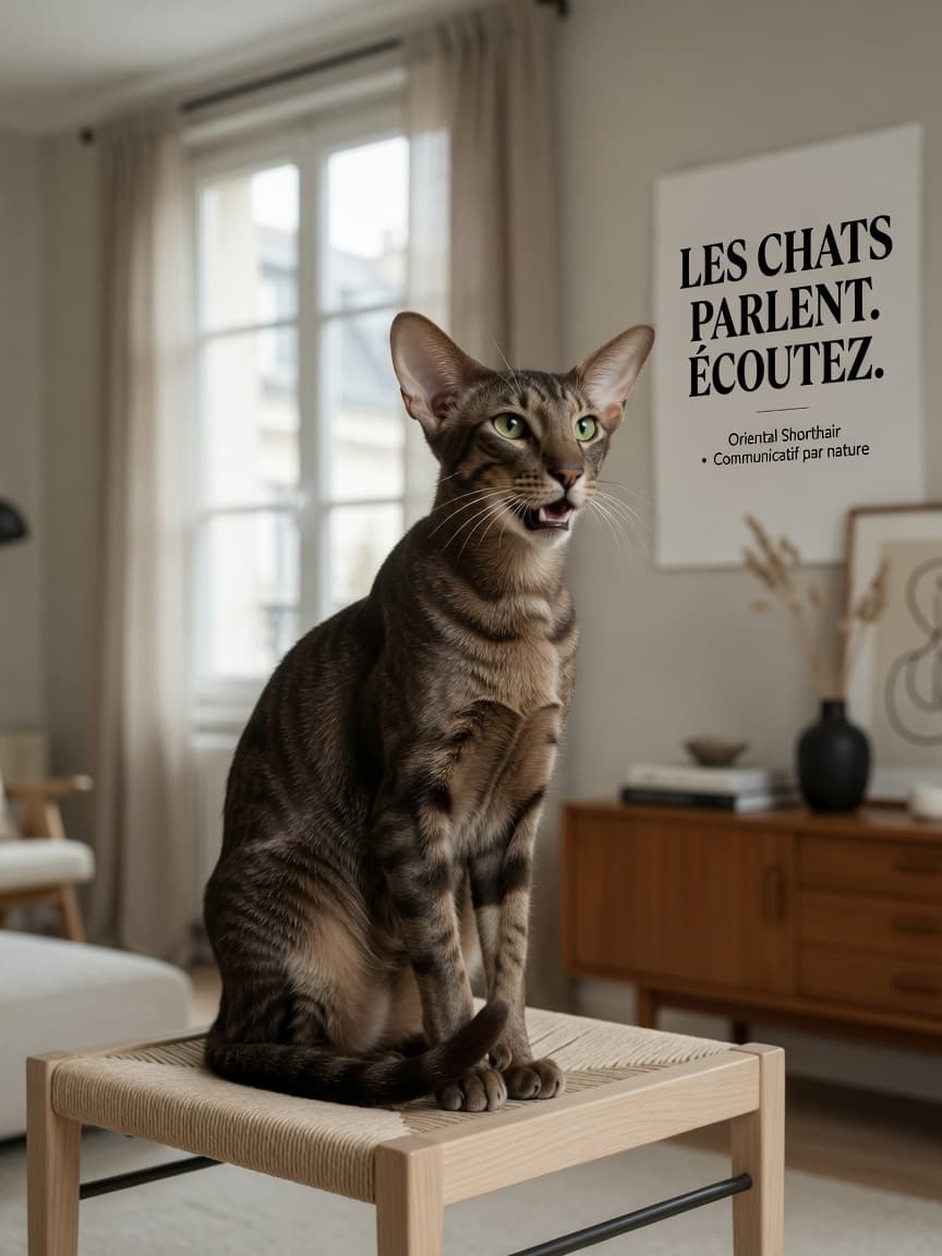 An elegant Oriental Shorthair with chocolate coat and green eyes mid-vocalization, displaying the breed's characteristic angular features and communicative personality