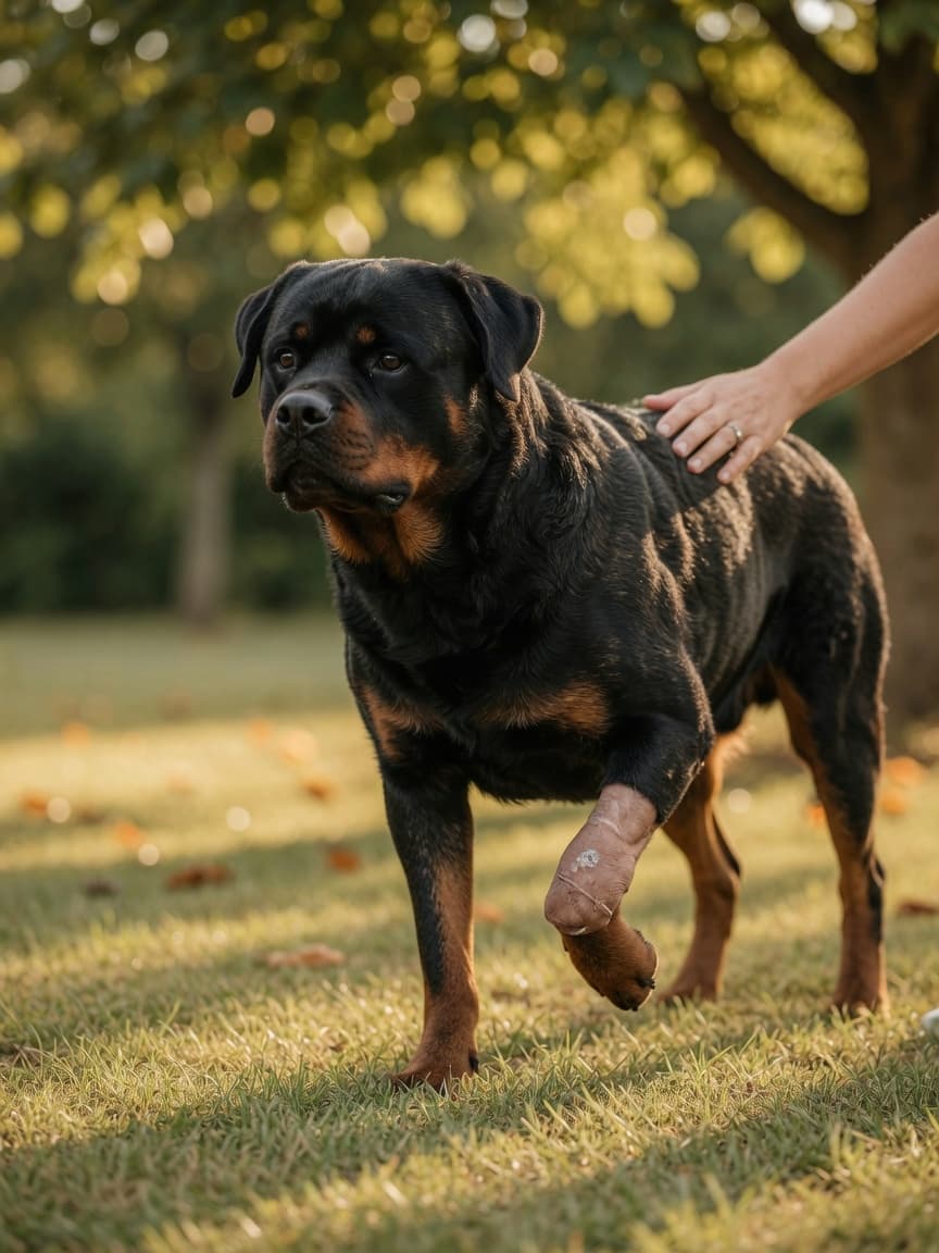 A dark brindle Rottweiler standing gracefully on three legs in golden sunlight, demonstrating adaptation to limb amputation, with an owner's hand visible nearby in support.
