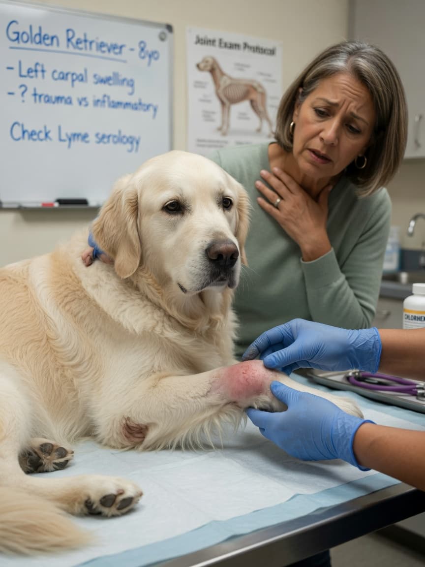 Veterinarian examining a Golden Retriever's swollen front leg during osteosarcoma diagnosis examination
