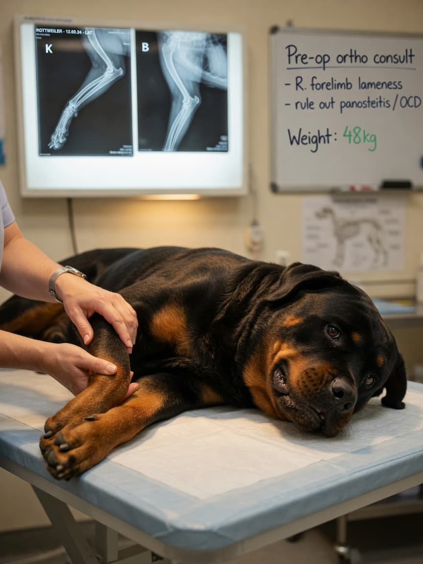 Rottweiler undergoing physical examination of front leg at veterinary clinic during osteosarcoma diagnostic assessment
