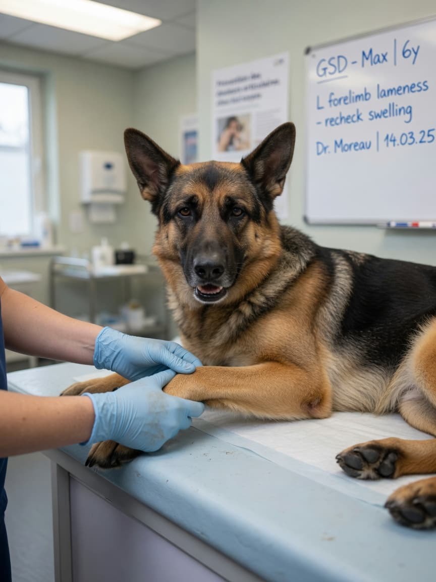 German Shepherd dog undergoing front leg examination by a veterinarian checking for bone cancer signs