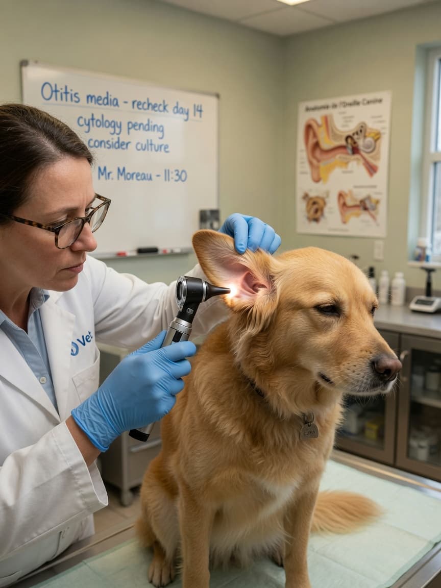 Veterinarian performing otoscopic examination of a dog's ear during diagnostic evaluation for ear infection