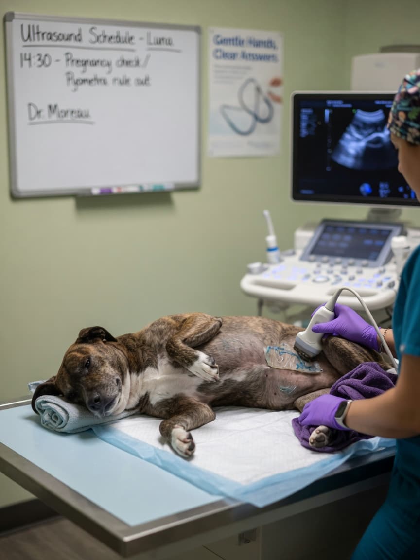 Veterinarian performing ultrasound examination on a spayed female dog at a veterinary clinic to diagnose ovarian remnant syndrome