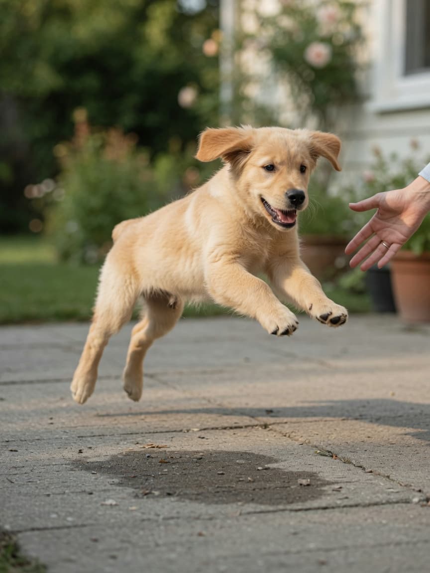 Young Golden Retriever puppy mid-jump over hard concrete surface, illustrating high-impact landing stress on growing bones