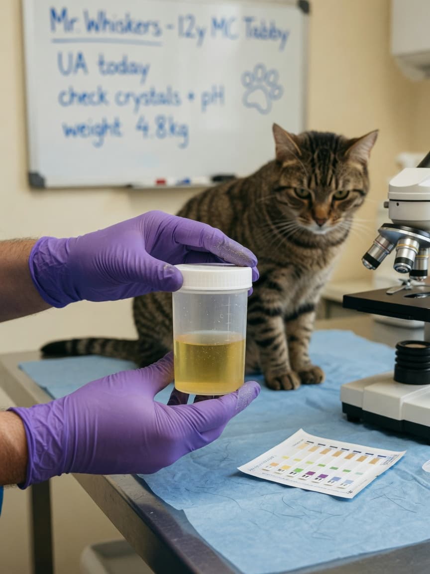 Veterinarian handling a urine sample collection container during a cat urinalysis examination