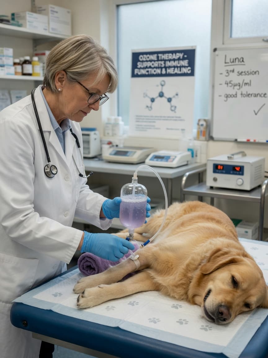 Veterinarian administering ozone therapy to a golden retriever on an examination table using specialized medical equipment