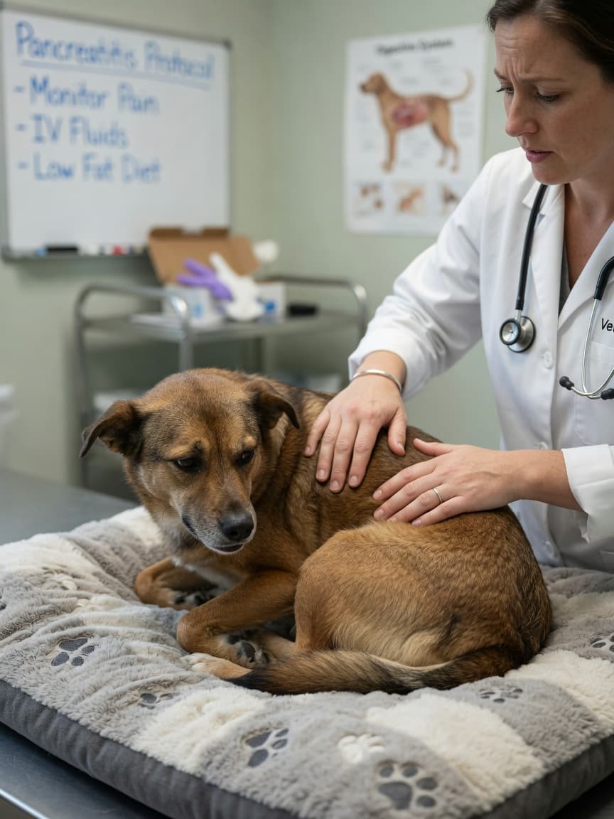 Veterinarian examining a distressed dog's abdomen during a pancreatitis examination