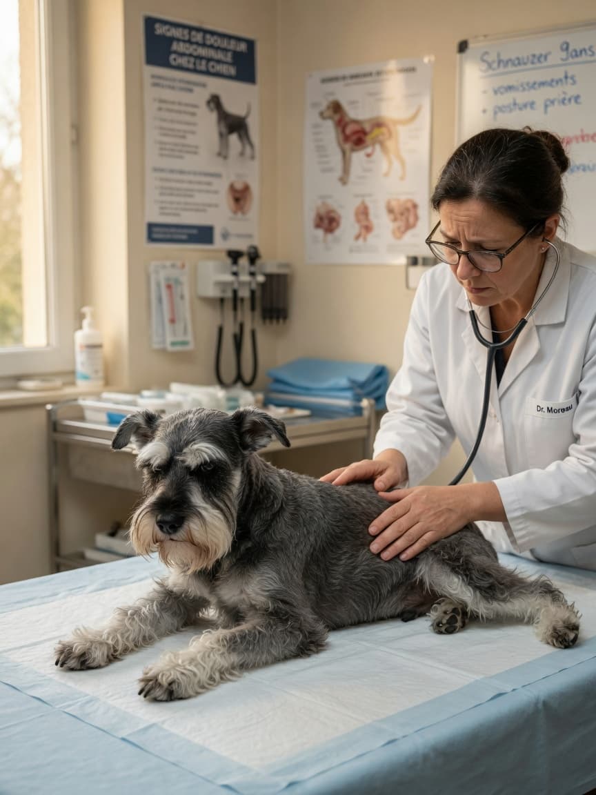 Miniature Schnauzer in prayer position on vet table during abdominal examination for pancreatitis symptoms