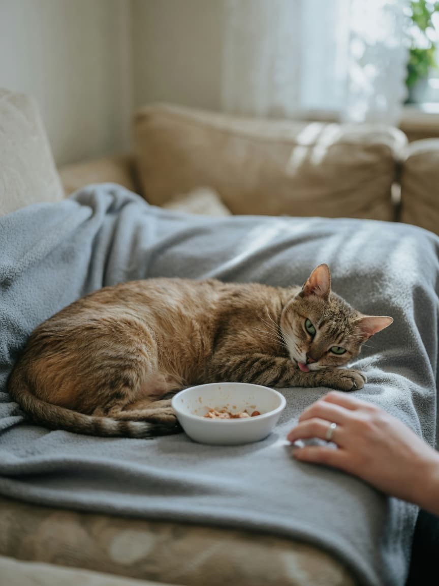 A thin, lethargic tabby cat lying on a blanket, showing signs of illness with reduced appetite and lethargy