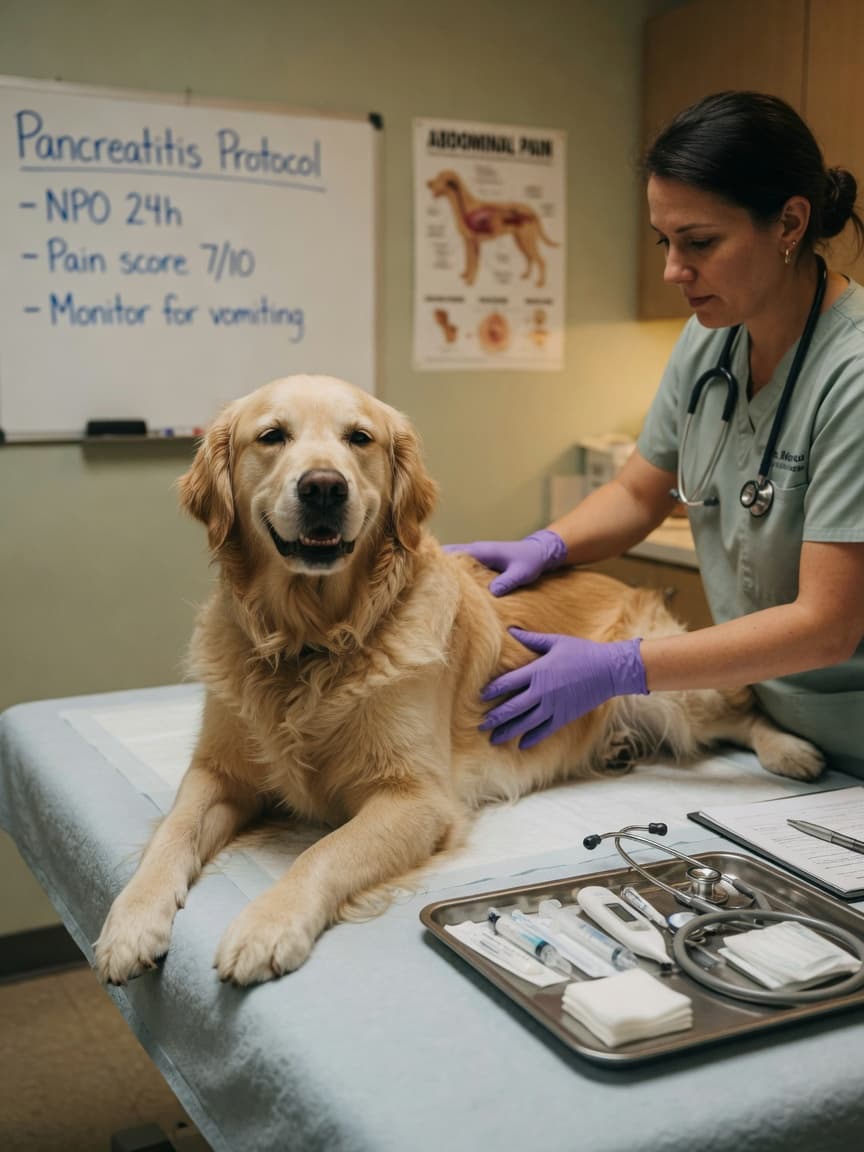 A Golden Retriever undergoing abdominal examination by a veterinarian, displaying the prayer position typical of canine pancreatitis pain