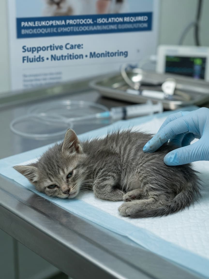 A severely ill kitten on a veterinary exam table being examined by a veterinarian, demonstrating the acute illness caused by panleukopenia virus