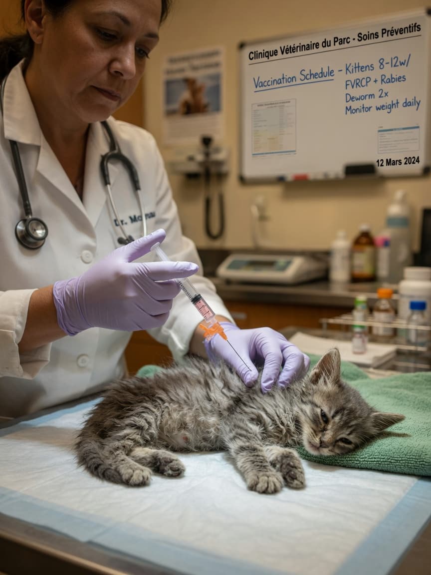 Veterinarian administering vaccine to a sick kitten on examination table in clinical setting