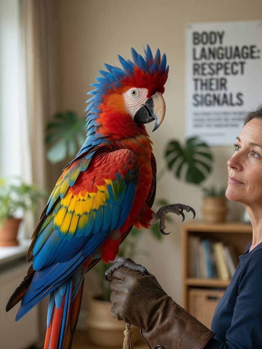 A macaw displaying warning signals on a handler's hand, showing pinned eyes and raised feathers as a communication attempt before biting