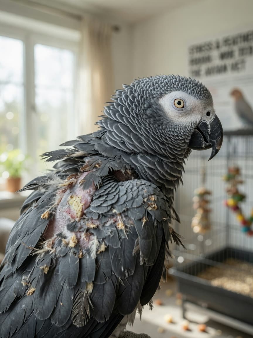 A distressed parrot showing patchy feather loss and damaged plucked feathers on its body, with bare irritated skin visible