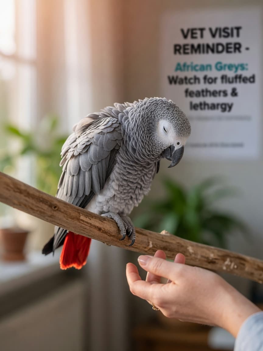 African Grey parrot with ruffled grey and red feathers perched on a branch, displaying signs of illness with hunched posture and half-closed eye, while an owner's hand gently approaches in concern.