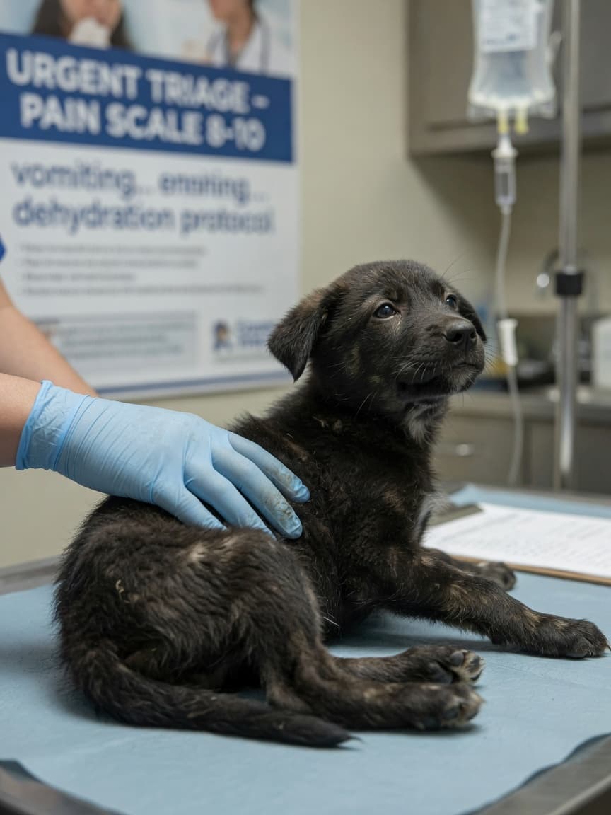 A critically ill puppy receiving emergency veterinary examination for suspected parvovirus, showing signs of severe distress and weakness