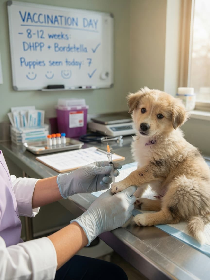 Veterinarian administering a protective vaccination injection to a young puppy during a clinical examination