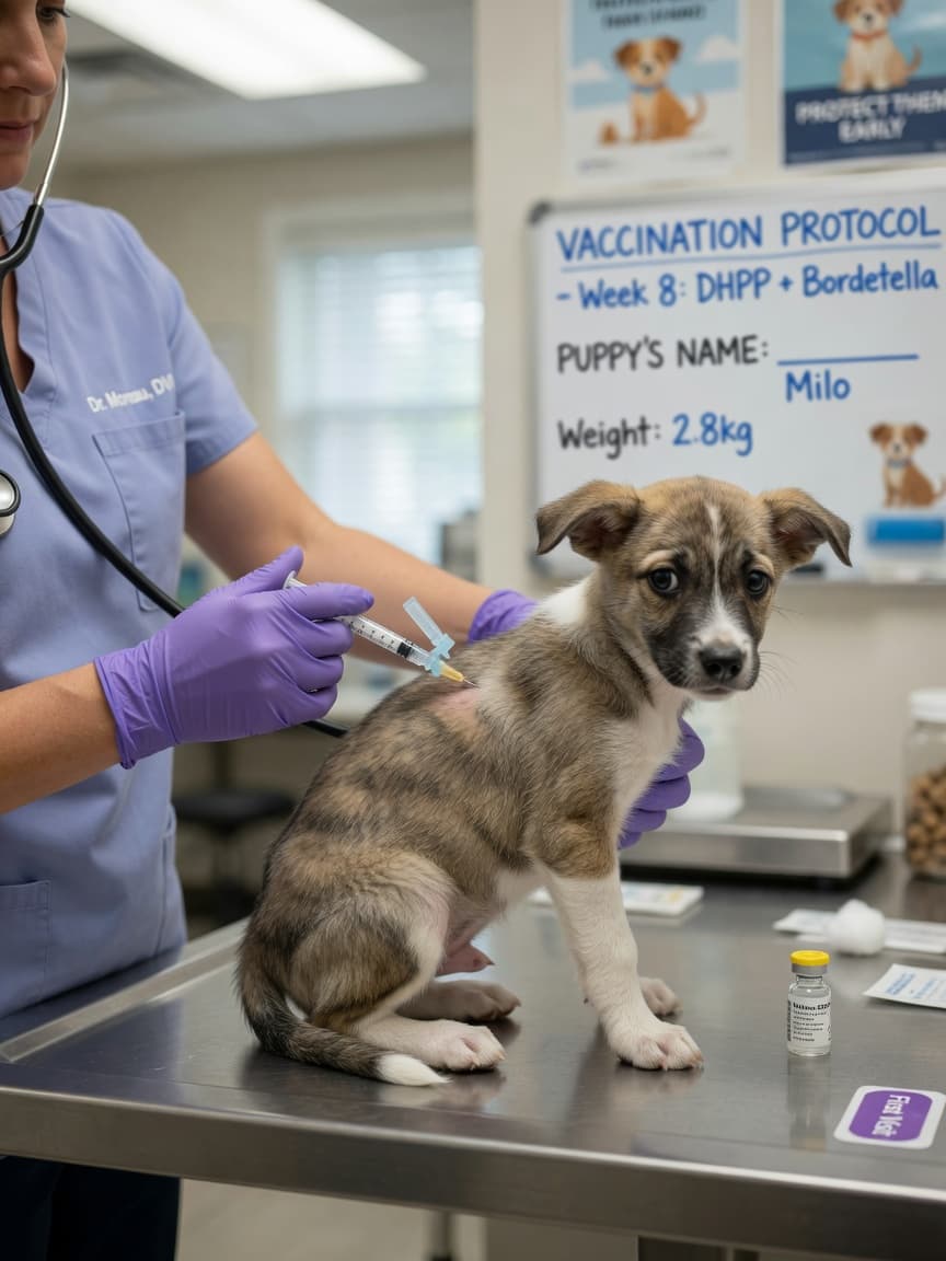 Veterinarian administering parvovirus vaccine to an unvaccinated puppy on an examination table