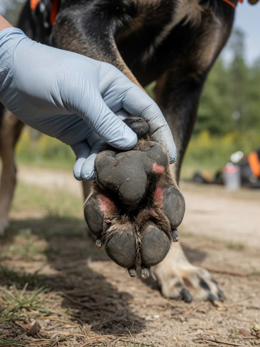Close-up of a handler's gloved hand inspecting an active dog's paw pad for injuries, showing the thick keratinised surface with minor abrasion