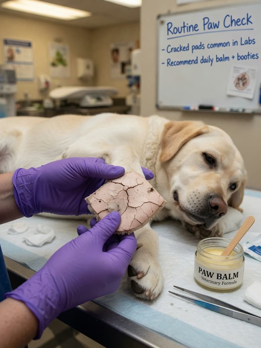 Veterinarian examining a dog's cracked paw pad during a medical check