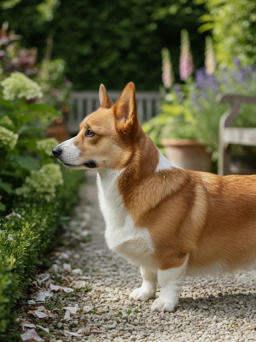 Pembroke Welsh Corgi standing alert on a garden path, showcasing short legs, elongated body, pointed ears, and red and white coat