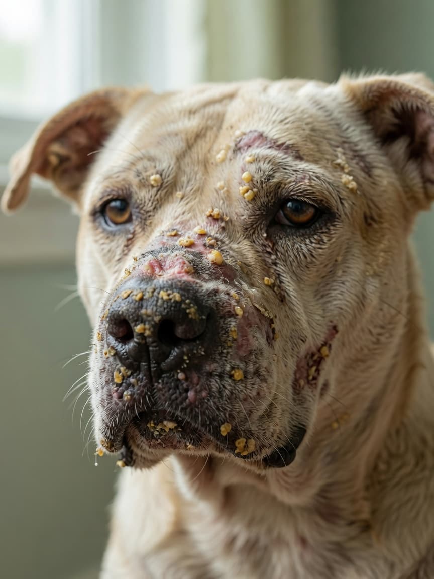 Close-up of dog's face showing pemphigus skin lesions, crusting, and pustules around the nose and muzzle