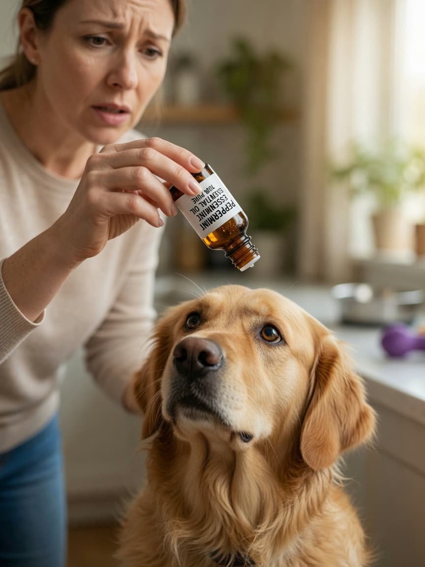 Dog owner holding peppermint oil bottle above their concerned golden retriever, warm window light illuminating the urgent moment