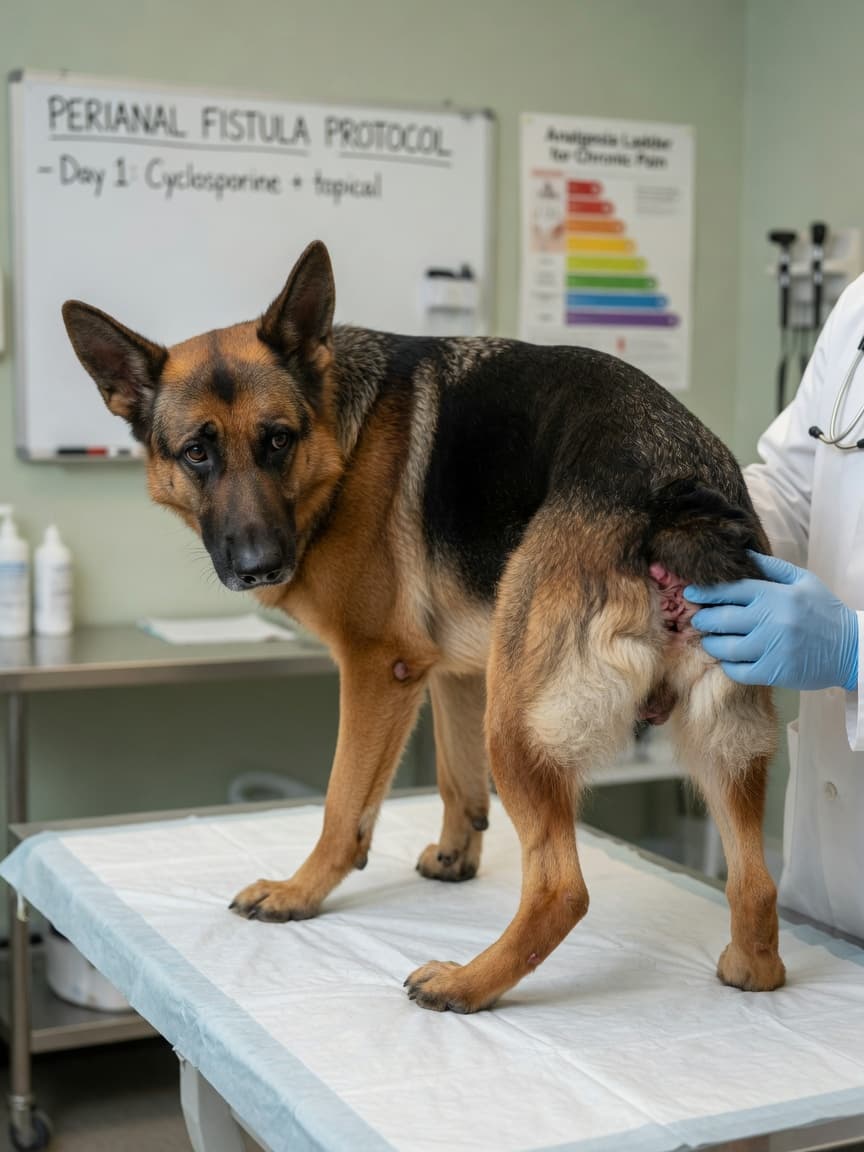 German Shepherd undergoing veterinary examination of perianal area by a veterinarian in a clinical setting