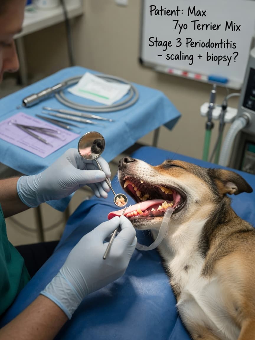 Veterinary dentist examining dog's teeth and gums during dental procedure under anesthesia, showing tartar buildup and inflammation