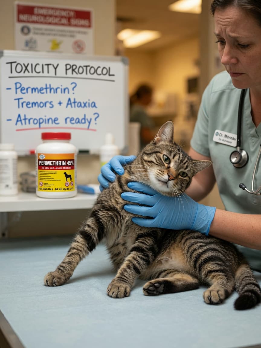 Distressed tabby cat on veterinary examination table showing neurological distress while veterinarian provides support during emergency treatment