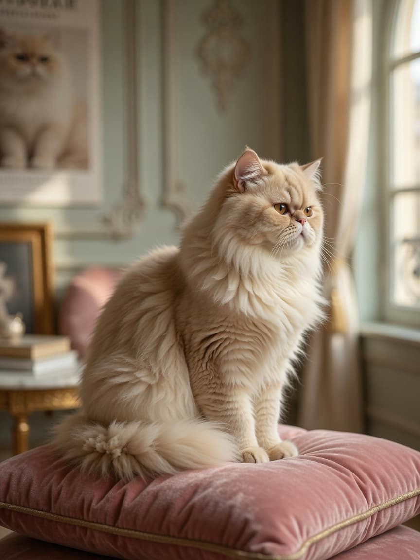 A luxurious Persian cat with a distinctive flat round face and long flowing cream coat sitting peacefully on a velvet cushion