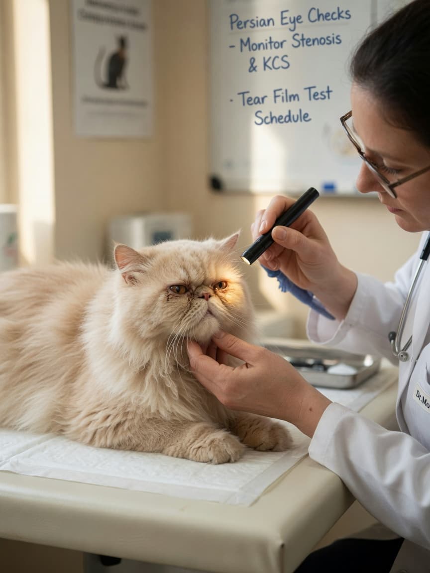 Veterinarian gently examining a Persian cat's eye during a clinical examination, demonstrating proper eye care assessment for tear staining problems.