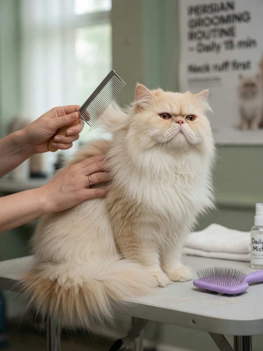 Persian cat being gently groomed with a metal comb and slicker brush on a grooming table, demonstrating daily coat care