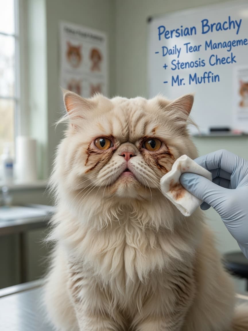 Persian cat with flat face and tear staining receiving eye care from veterinarian's gloved hand with cotton pad
