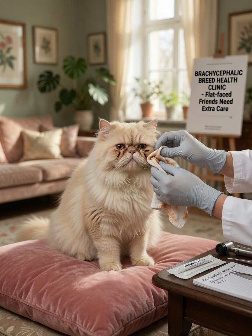 Veterinarian examining a flat-faced Persian cat's nasal folds and tear-stained face during a health check