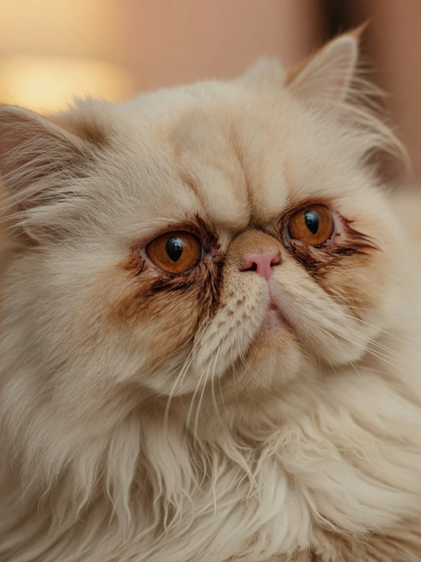 Close-up of a Persian cat's face showing tear staining and flat facial structure characteristic of the breed