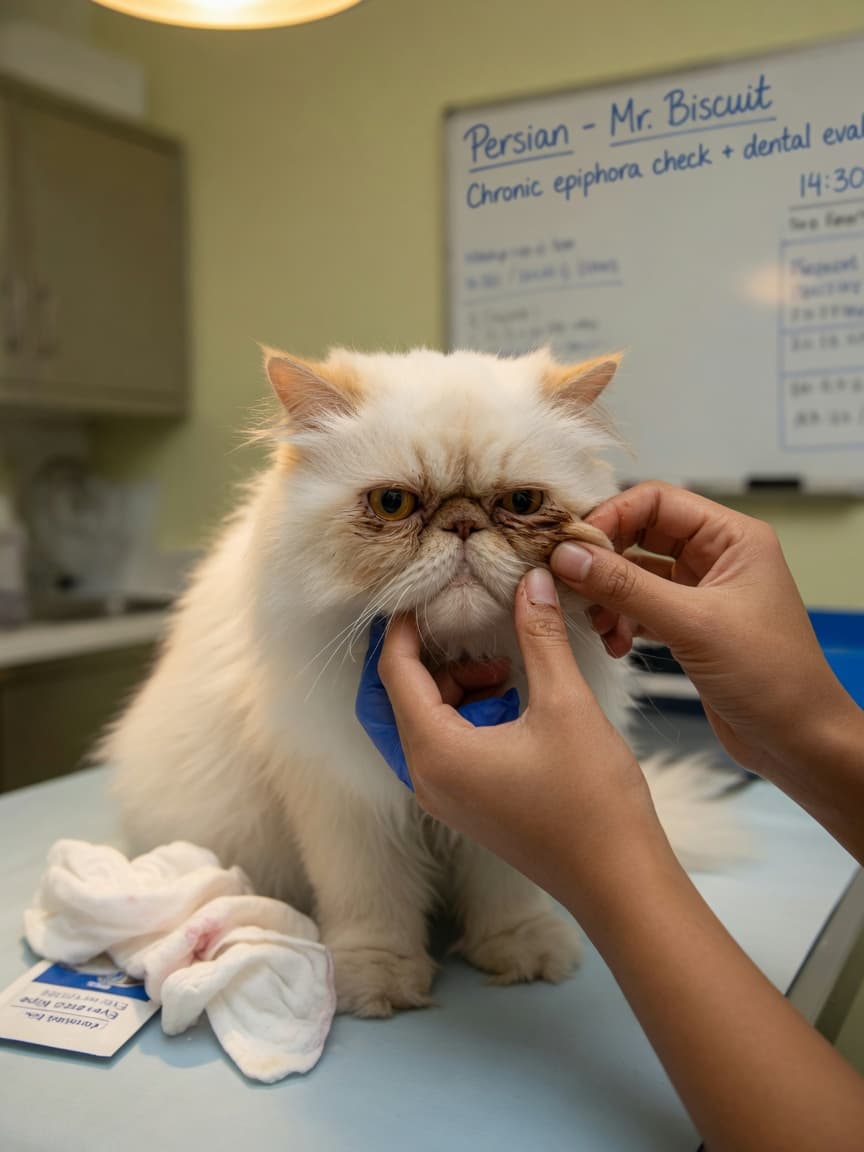 A Persian cat undergoing facial examination at a veterinary clinic, with tear-stained facial folds being assessed by a veterinarian