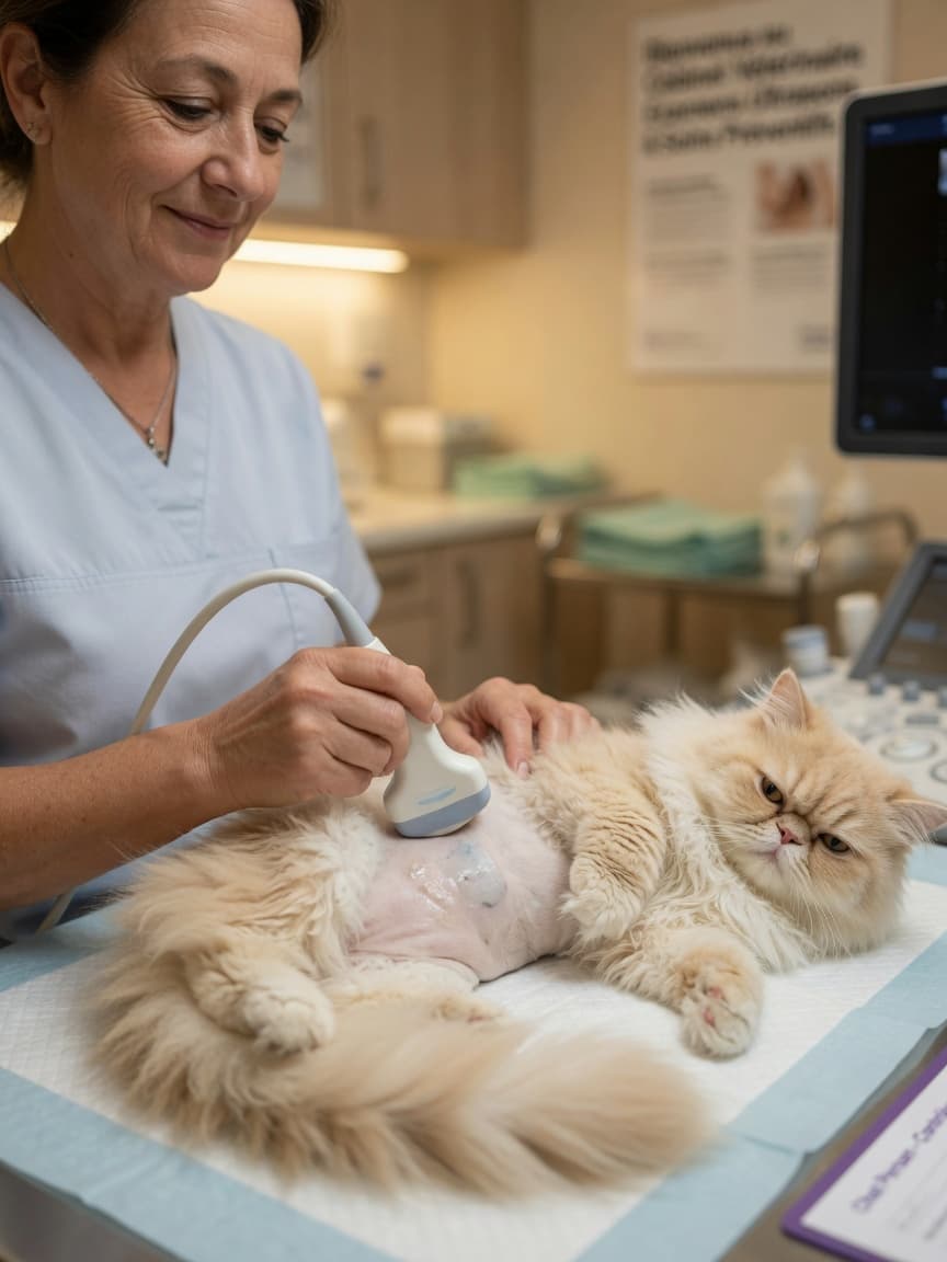 Veterinarian performing an ultrasound examination on a calm Persian cat with cream and white long coat during a diagnostic checkup.