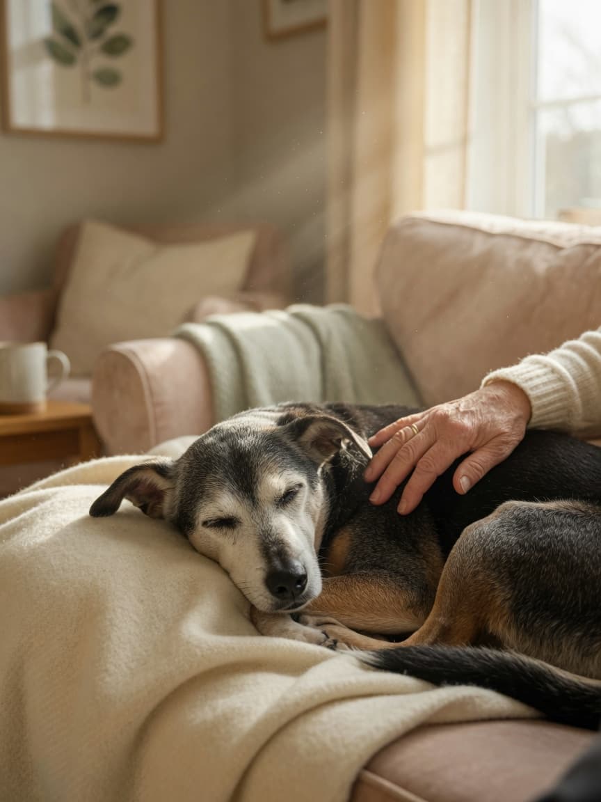 An elderly dog resting peacefully on a soft blanket with the owner's hand gently touching it, warm window light creating a tender, intimate atmosphere