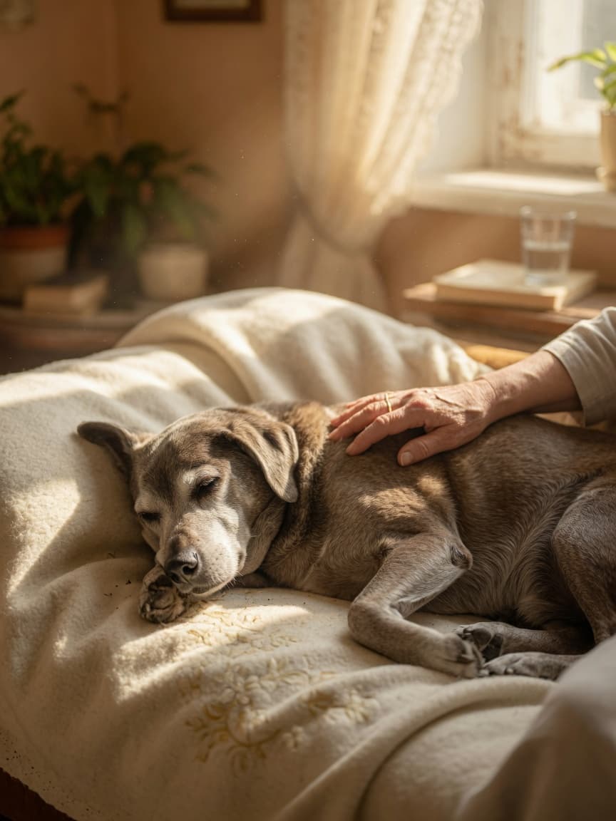An elderly dog resting peacefully on a soft blanket in warm sunlight with their owner's hand gently placed on their side