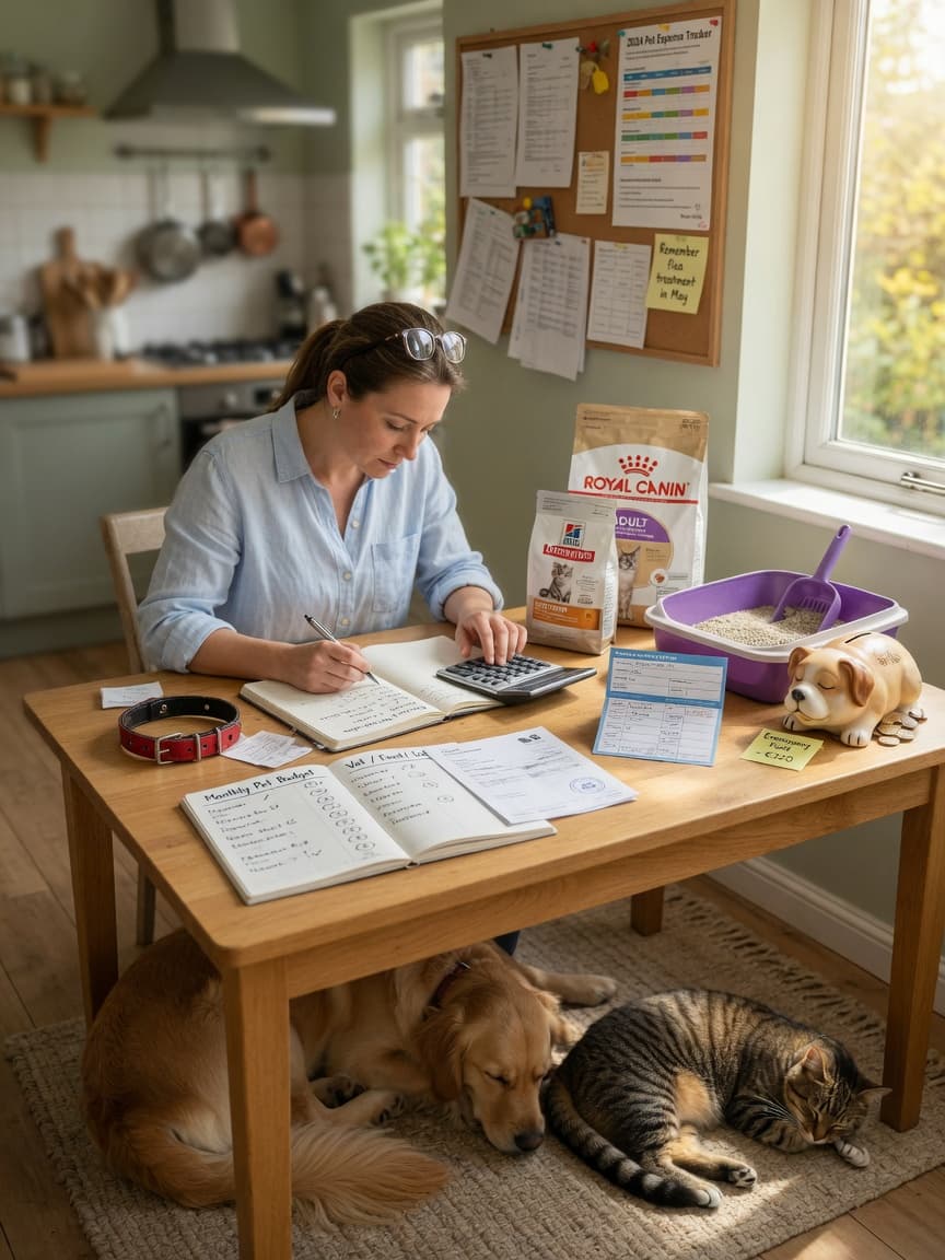 Pet owner budgeting at a table with a dog and cat, surrounded by pet care items and financial planning materials