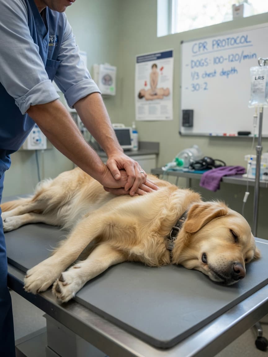 Hands performing chest compressions on an unconscious Golden Retriever during CPR in an emergency setting